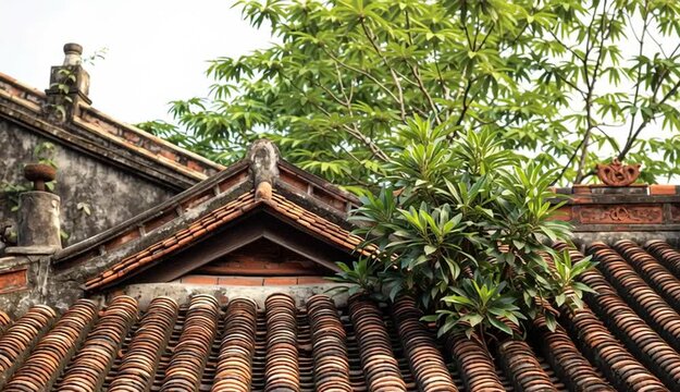 Traditional tiled roof pattern in Hanoi, Vietnam: rustic architecture and cultural heritage
