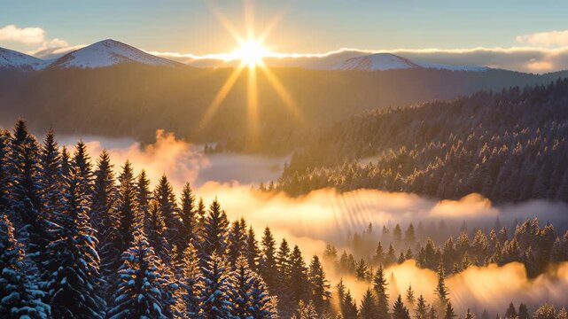 Winter forest covered in snow with mist rising over pine trees at dawn