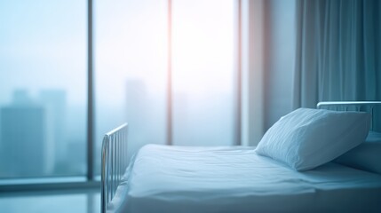 Modern bedroom with large window and soft bedding in morning light