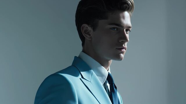 Model showcases stylish light blue suit in a modern studio setting during a fashion photoshoot