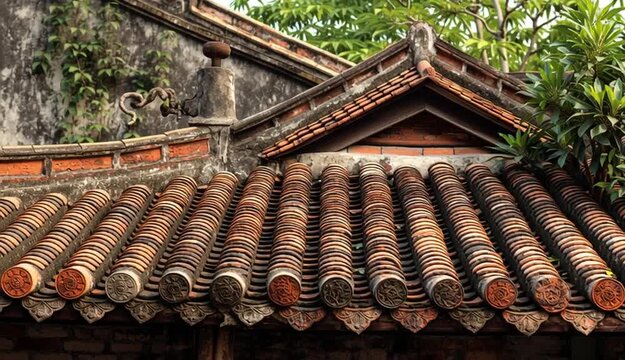 Traditional tiled roof pattern in Hanoi, Vietnam: rustic architecture and cultural heritage

