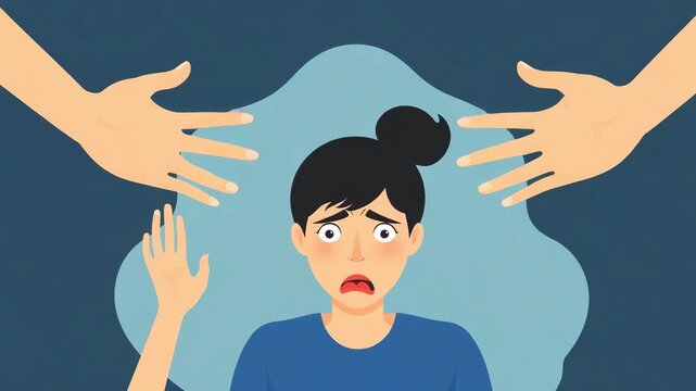 A young woman experiences anxiety during social contact, cartoon, illustration. The woman's face expresses fear and panic, surrounded by people's hands. Concept of social phobia and stress