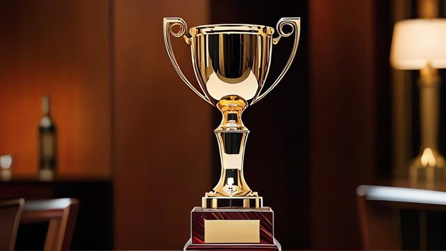 An image of a nicely created gold trophy in high definition. The prize appears to be prepared for presentation to a worthy person, ready to be inscribed with a name or an accomplishment.