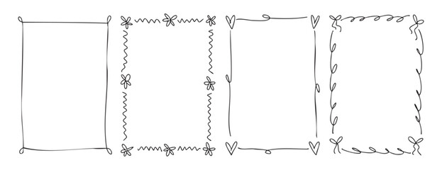 Thin monochrome romantic frames with bows hearts and elegant lines hand drawn line art