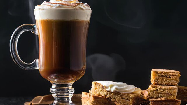 Warm coffee drink served with sweet desserts on a dark background during a cozy evening