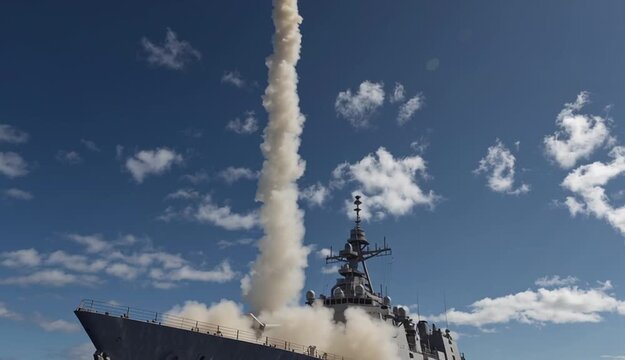Gray naval frigate launching surface-to-air missile with bright orange flame and gray smoke trail, modern warship on calm ocean waters during weapons test, missile visible in flight trajectory above