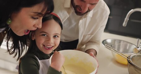 Baking, face and parents with child in video call for teaching recipe, social media post or bonding. Happy family, people and food vlog in home for learning cake dessert, online update and fun memory - Powered by Adobe