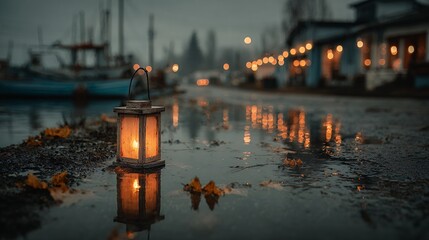 illuminated lantern near waterfront on rainy day
