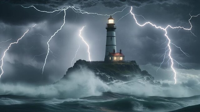 Strong lightning illuminates lighthouse on rocky shore during intense stormy night near the ocean