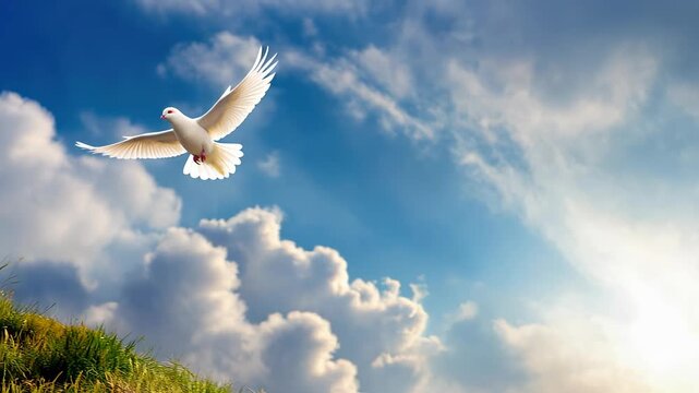 White dove soaring against a bright blue sky with fluffy clouds in a serene afternoon