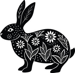 Elegant Bunny Artwork: A striking, monochromatic illustration of a decorative bunny, adorned with floral and leaf patterns, creating a harmonious blend of nature and artistry.
