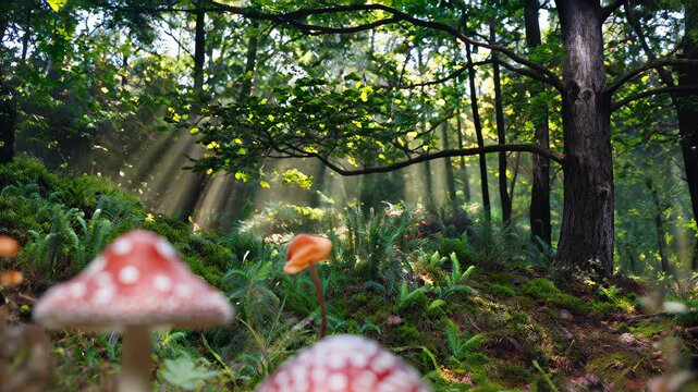 Brightly colored red mushrooms with white spots growing in a lush green forest during early morning