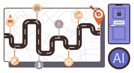 Road with checkpoints thumbs up rocket, trophy, and target on digital map. Door with unlock button and AI logo. Ideal for planning, goal setting, AI solutions, strategy, innovation workflow simple