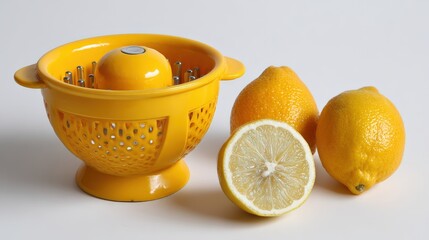 Vibrant yellow citrus juicer with fresh lemons displayed on white background