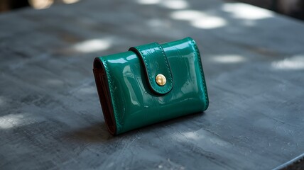 Teal Glossy Wallet with Gold Snap Button on Tabletop