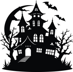 Spooky halloween house with bats and pumpkins at night