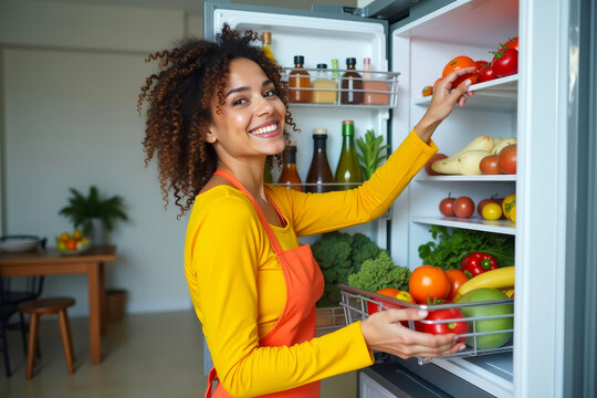 miling girl organizing fresh food in refrigerator. Daily routine grocery unpacking at home. Smiling girl putting groceries in refrigerator. Daily routine food storage at home.