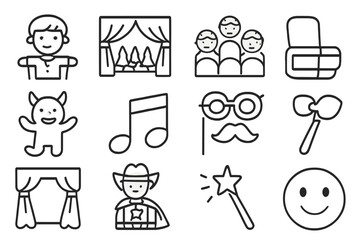 Children's Theater Icons. Outline vector icons of children&rsquo;s theater and family shows: puppet icon, colorful