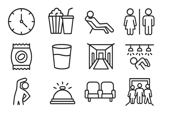Theater Intermission Icons. Outline vector icons of theater intermission and breaks: clock countdown,
