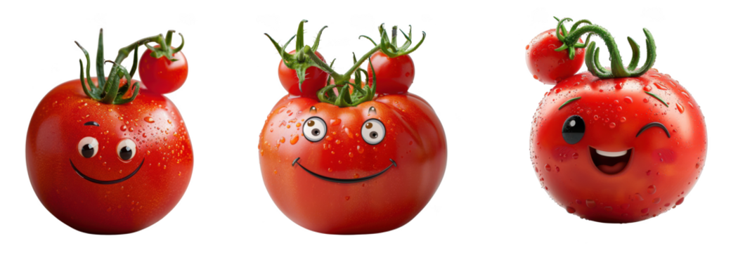 Three cartoon tomatoes with faces and stems, isolated on transparent background