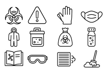 Nanosafety Protocol Icons. Outline icon set of nanosafety protocols: biohazard label, warning triangle, gloves