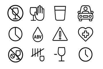 Alcohol Safety Icons. Outline icon set of alcohol safety and moderation: no underage sign, drink responsibly,