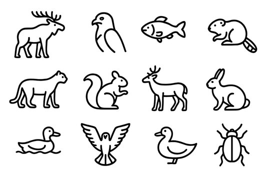 Alpine Wildlife Icon Set. Outline icon set of wildlife near alpine lakes: moose, eagle, fish, beaver, mountain