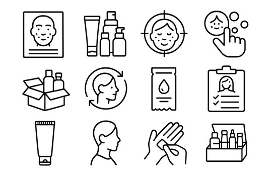 Skincare Icons Overview. Outline icon set of customized skincare kits: skin analysis sheet, curated products,