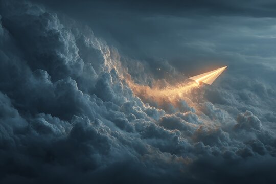 paper airplane soars through stormy clouds