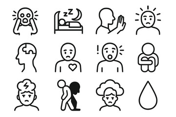 PTSD Symptoms Icons. Outline icon set of PTSD symptoms and signs: panic icon, insomnia, avoidance,