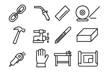 Fototapeta premium Metalworking Basics Icons. Outline icon set of metalworking basics: steel chain, welding torch, metal bar,