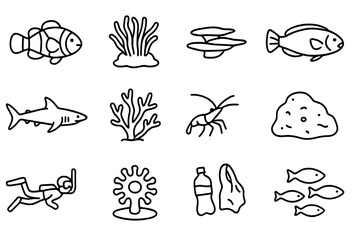 Naklejka premium Coral Reef Icons. Outline icon set of coral reef life: clownfish, sea anemone, reef plate, parrotfish, reef