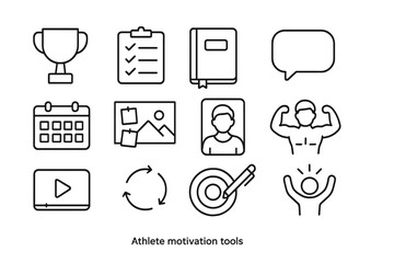 Athlete Motivation Icons. Outline icon set of athlete motivation tools: trophy, checklist, journal, mantra