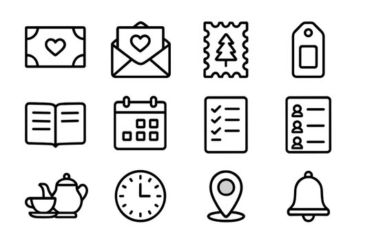 Tea Party Icons. Outline icon set of tea party invitation and planning: invite card, RSVP envelope, holiday