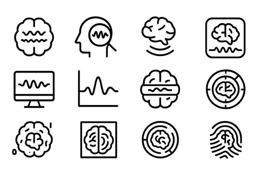 Brainwave Icon Set. Outline icon set of brainwave decoding: alpha waves, beta scanner, gamma signal, neural