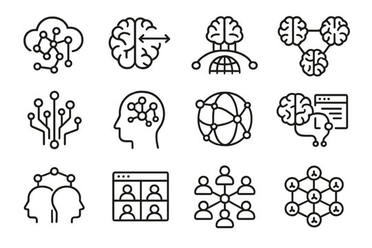 Neural Ecosystem Icons. Outline icon set of future neural ecosystems: neural cloud, brain sync icon, signal