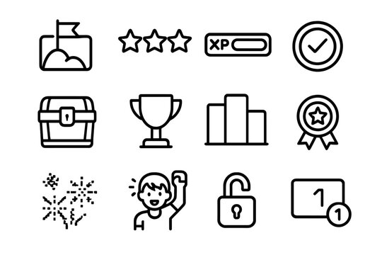 Video Game Icons. Outline icon set of video game win screen: level cleared icon, ranking stars, XP bar,