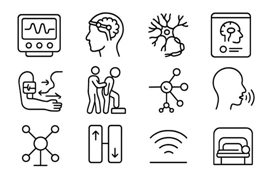 Neural Rehab Icon Set. Outline icon set of neural rehabilitation tools: neurotherapy device, brain stimulator,