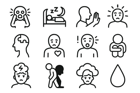 PTSD Symptoms Icons. Outline icon set of PTSD symptoms and signs: panic icon, insomnia, avoidance,