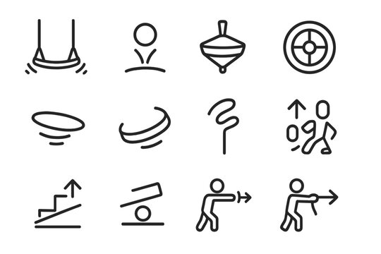 Kinetic Play Icons. Outline icon set of kinetic play motion: swing chain, bouncing ball, spinning top, rolling