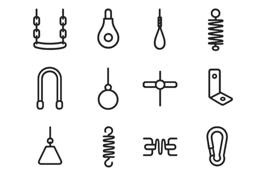 Suspension Mechanisms Icons. Outline icon set of suspension mechanisms: swing chain, rope pulley, cable wire,