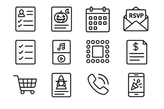 Halloween Party Planning Icons. Outline icon set of Halloween party planning: guest list, event flyer,