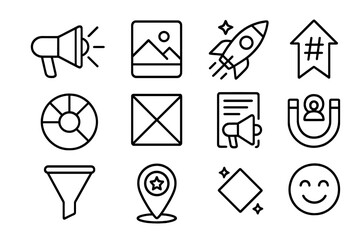 Brand Awareness Icons. Outline icon set of brand awareness building: loudspeaker icon, story icon, logo boost,