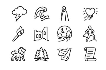 Romanticism Icon Set. Outline icon set of Romanticism: storm cloud, dramatic wave, lone figure, emotion heart,