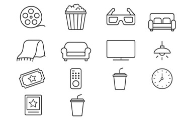 Fototapeta premium Family Movie Night Icons. Outline icon set of family movie nights: film reel, popcorn bucket, 3D glasses, cozy