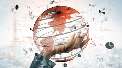 A hand holds a digital globe surrounded by vibrant data visualization elements. This representation showcases global connectivity, business analytics, and modern technology influence. Xenic