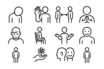 Cultural Body Language Icons. Outline icon set of cultural body language: bowed head, hand wave, personal