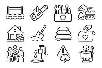 Natural Disaster Recovery Icons. Outline icon set of natural disaster recovery: flood barrier, chainsaw,