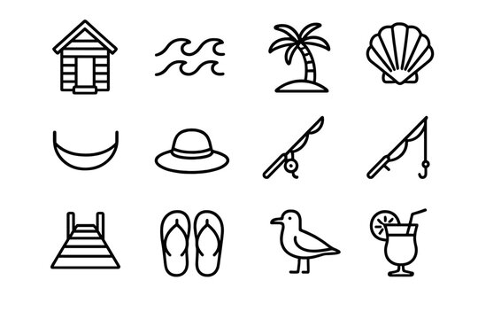 Coastal Retreat Icon Set. Outline icon set of coastal tiny house retreats: beach hut, ocean waves, palm tree,