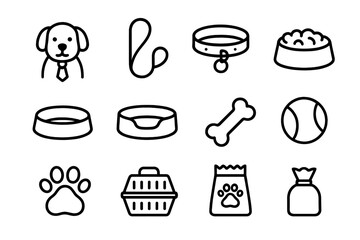 Office Dogs Icons. Outline icon set of office dogs: dog, leash, collar, food bowl, water bowl, dog bed, bone,